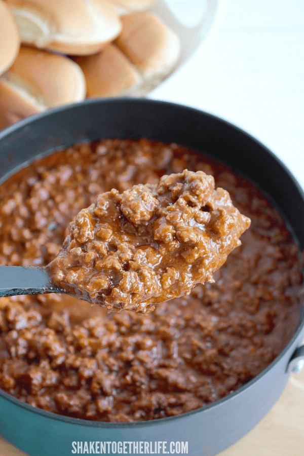 This BIG pot of Sloppy Joes for a Crowd starts with 5 pounds of ground beef! Don't worry - any leftovers are freezer friendly!