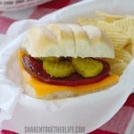 waldo burger on plate with red checked tablecloth