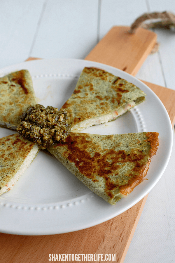 Lunch Box Quesadillas - we love these roasted chicken and provolone  cheese served with pesto to dip them in.