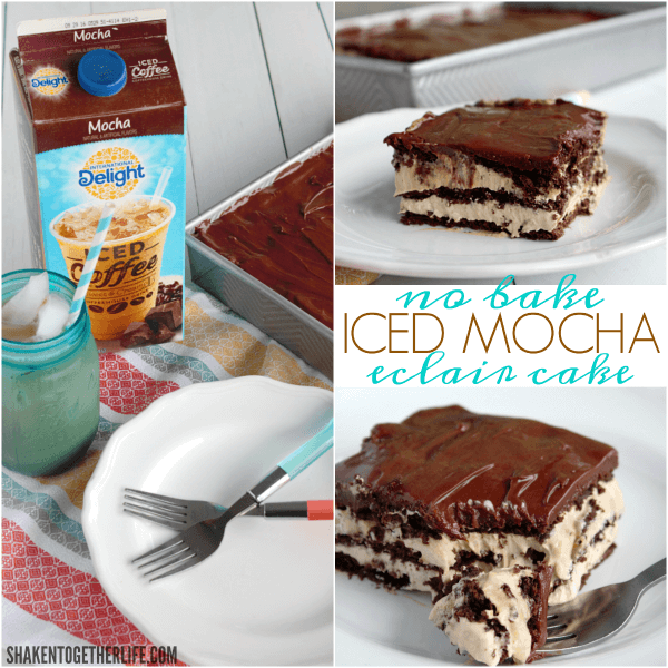 Fluffy iced mocha filling is layered with chocolate graham crackers and fudgy frosting in this easy, amazingly delicious Iced Mocha Eclair Cake!