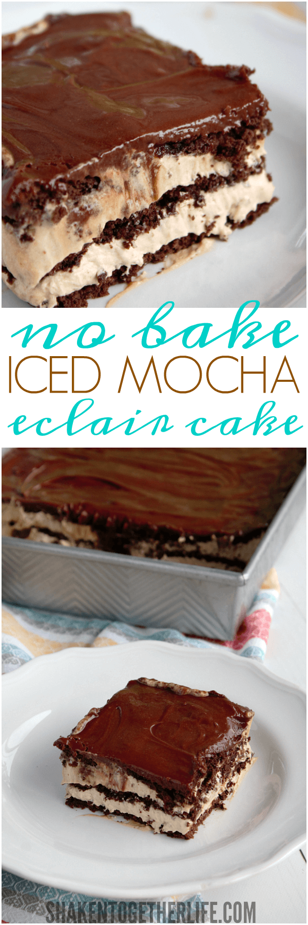 Fluffy iced mocha filling is layered with chocolate graham crackers and fudgy frosting in this easy, amazingly delicious Iced Mocha Eclair Cake!