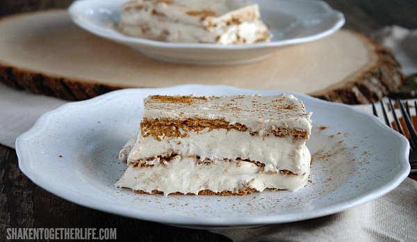 Pumpkin Spice Eclair Cake on white plate