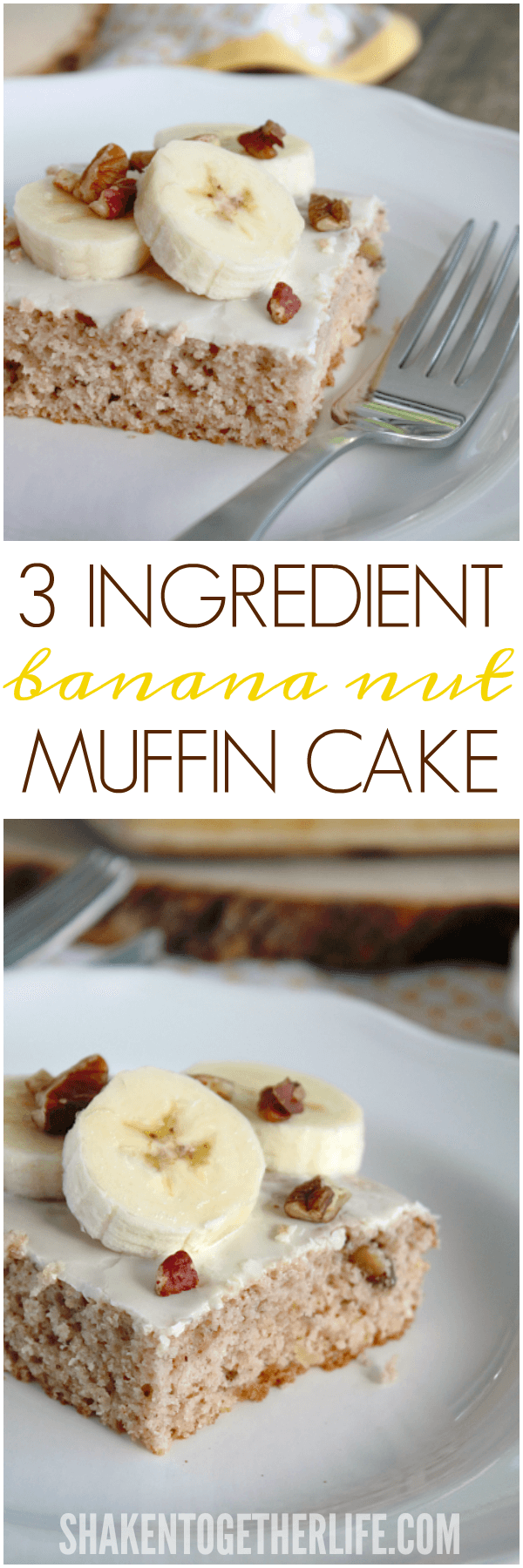 Need an easy breakfast recipe? Try this 3 Ingredient Banana Nut Muffin Cake! Just mix, bake and frost!