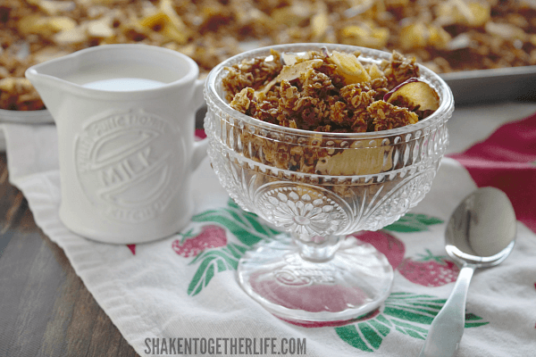 Homemade Apple Crisp Granola in raised glass dish