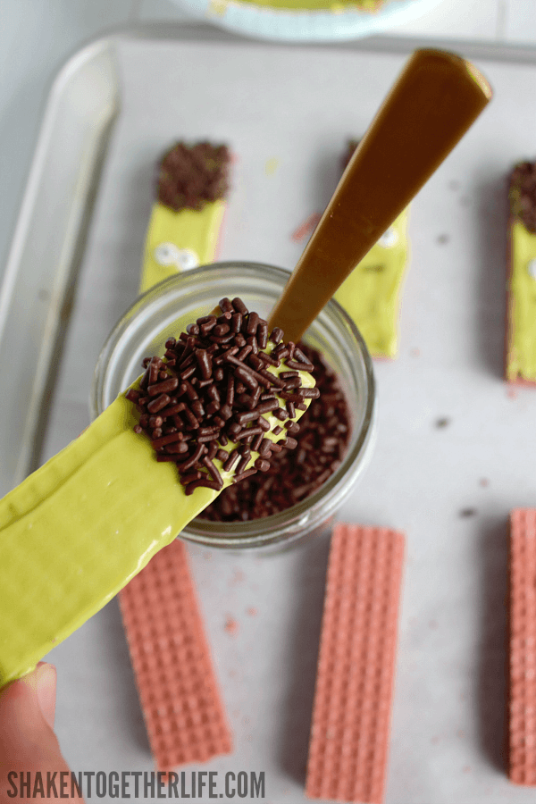 Sugar Wafer Frankenstein Cookies - chocolate jimmies make the perfect hair!