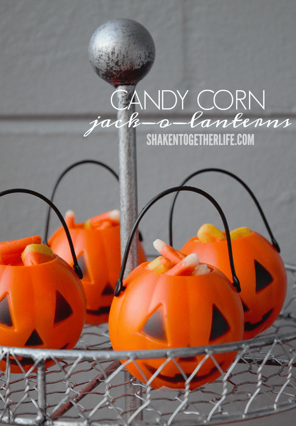 Candy corn filled mini jack-o-lanterns are an easy addition to your Halloween Dessert Bar!