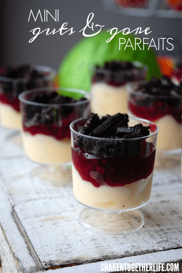 I LOVE these mini Guts & Gore Parfaits - so cute for a Halloween dessert bar!