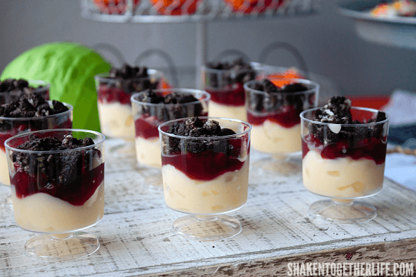 I LOVE these mini Guts & Gore Parfaits - so cute for a Halloween dessert bar!