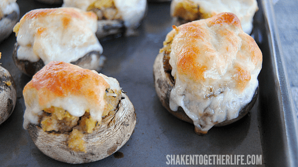 Cheesy Stuffing Stuffed Mushrooms on baking sheet