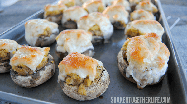 Cheesy Stuffing Stuffed Mushrooms on a baking sheet
