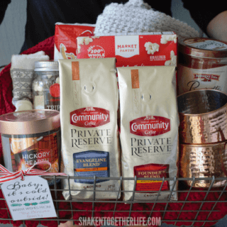 A Baby It's Cold Outside Gift Basket is perfect for sending warm wishes and lots of cozy ways to snuggle up this holiday season! Add the free printable gift tag for an easy, personal touch, too!