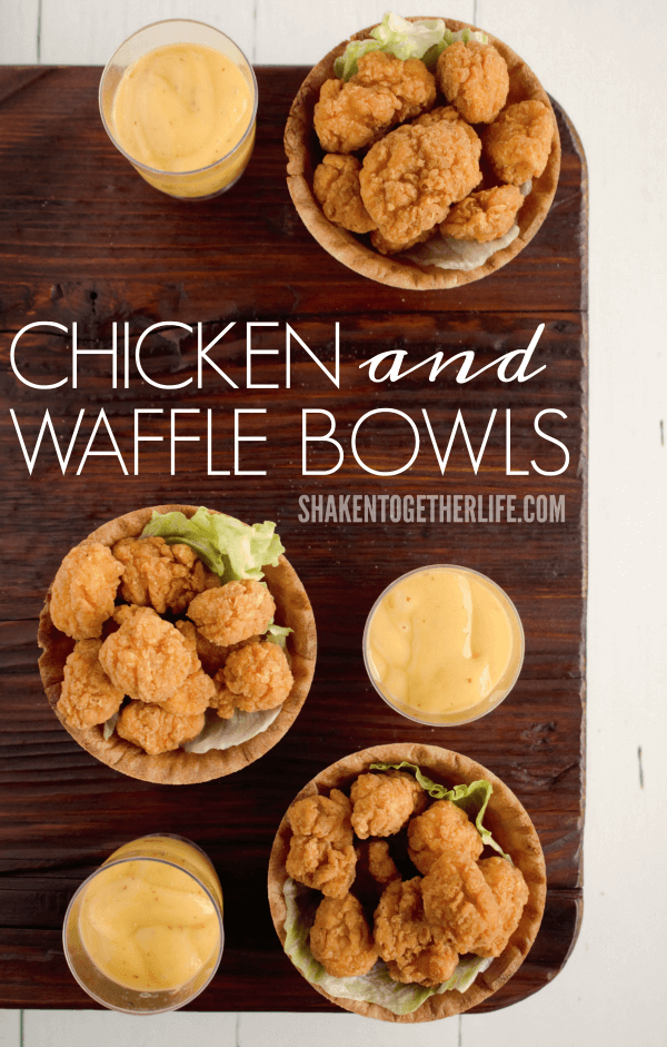 Chicken & Waffle Bowls are an unbelievably easy twist on classic chicken and waffles! Serve with honey mustard or spicy syrup for dipping and this game day appetizer is a touch down for sure!
