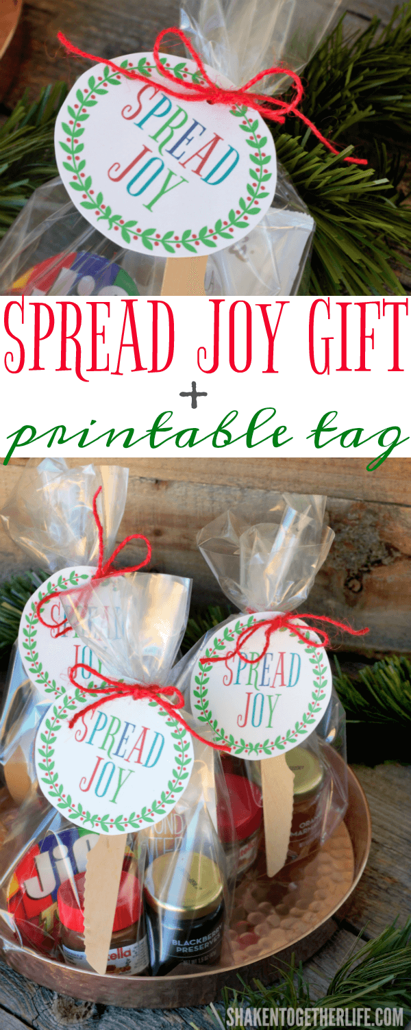 Spread holiday cheer with this Spread Joy Holiday Gift idea! Stack your favorite spreadable jams, jellies, butters, spreads and honey and add a printable gift tag for an easy, affordable holiday gift that is perfect for friends, neighbors and teachers!