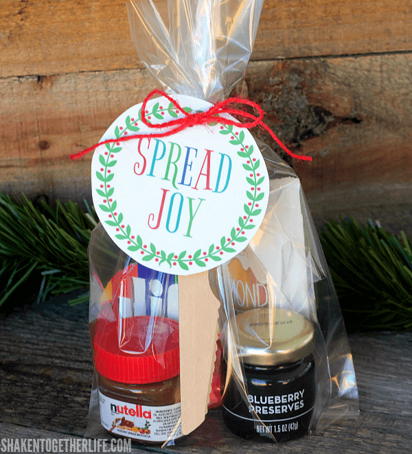 Spread holiday cheer with this Spread Joy Holiday Gift idea! Stack your favorite spreadable jams, jellies, butters, spreads and honey and add a printable gift tag for an easy, affordable holiday gift that is perfect for friends, neighbors and teachers!