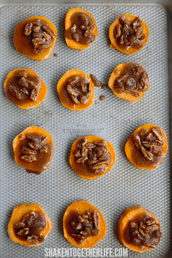 Sweet Potato Casserole Bites topped with brown sugar, butter and pecans