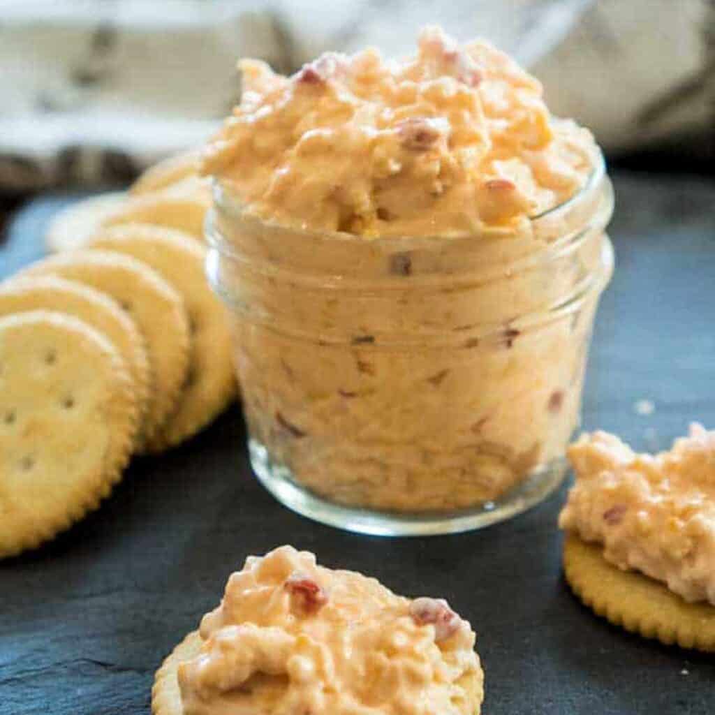 small jar with homemade pimento cheese