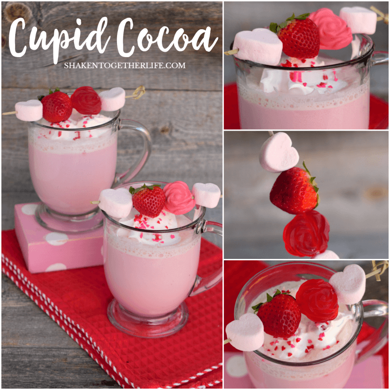 Pretty in pink, Cupid Cocoa is just delicious strawberry flavored milk topped with whipped cream, sprinkles and a fun treat kabob! Perfect drink for Valentine's Day!