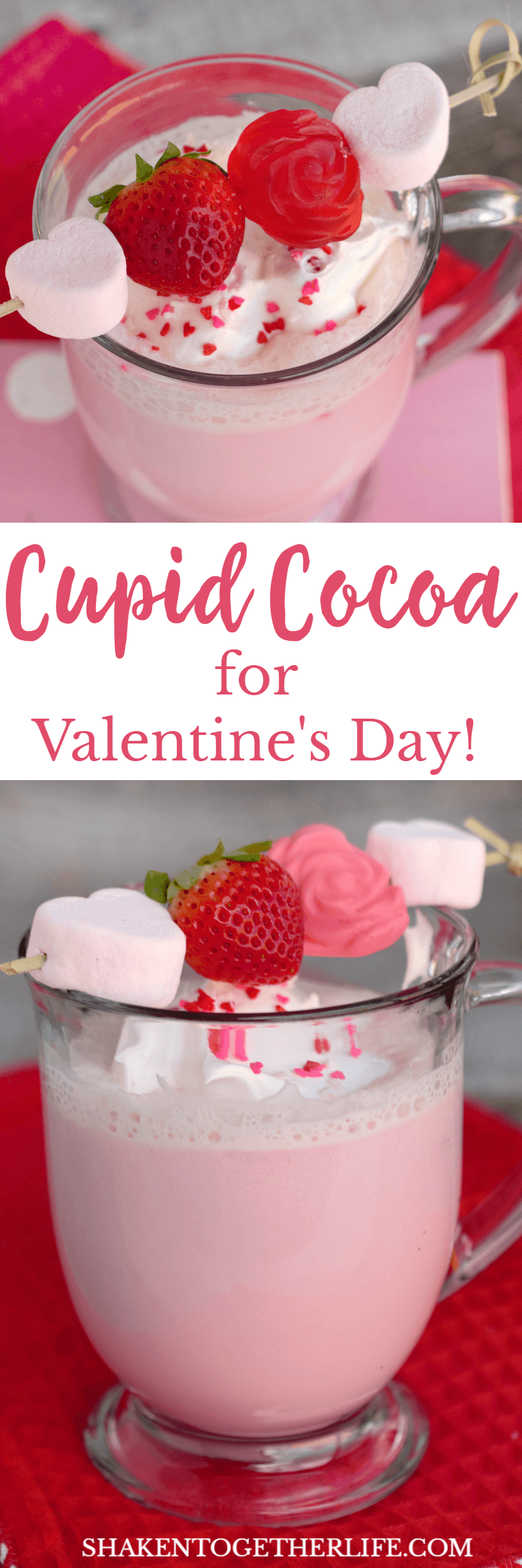 Pretty in pink, Cupid Cocoa is just delicious strawberry flavored milk topped with whipped cream, sprinkles and a fun treat kabob! Perfect drink for Valentine's Day!