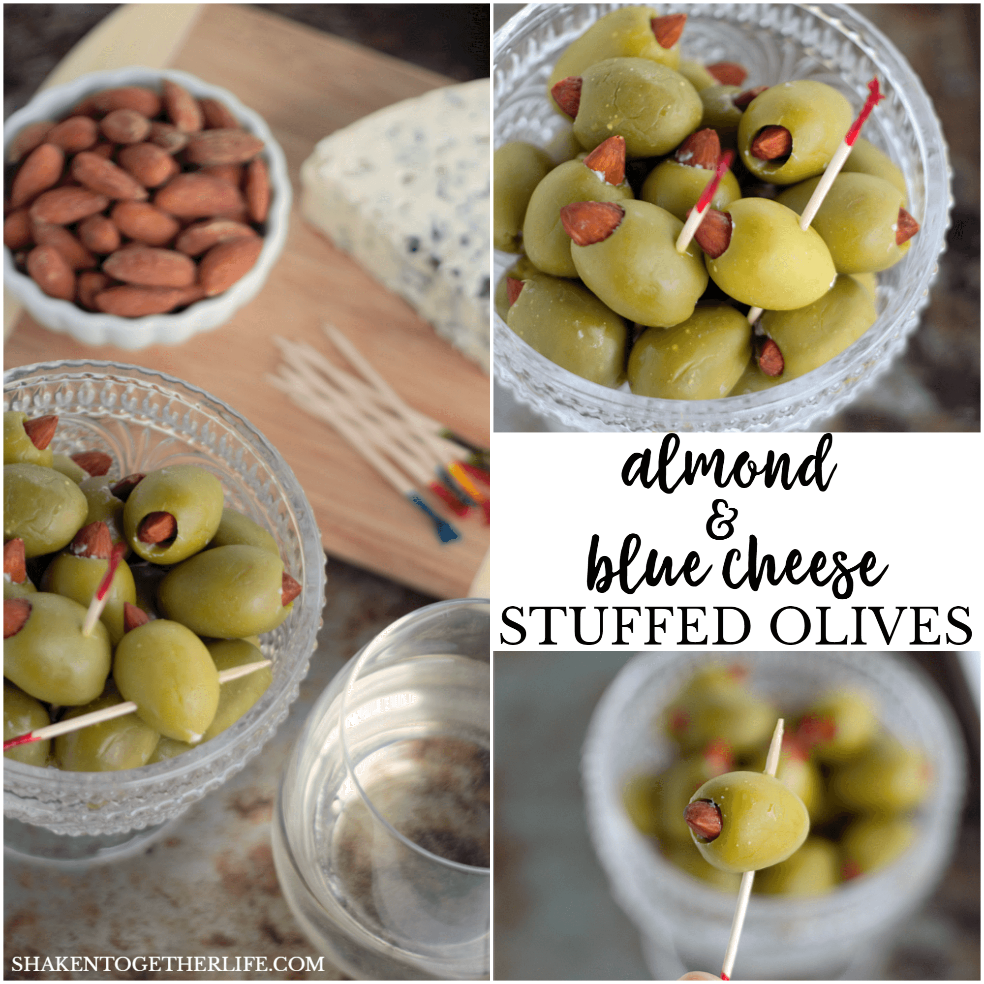 Almond & Blue Cheese Stuffed Olives are totally addictive! Easy appetizer for a cheese board or your game day spread!