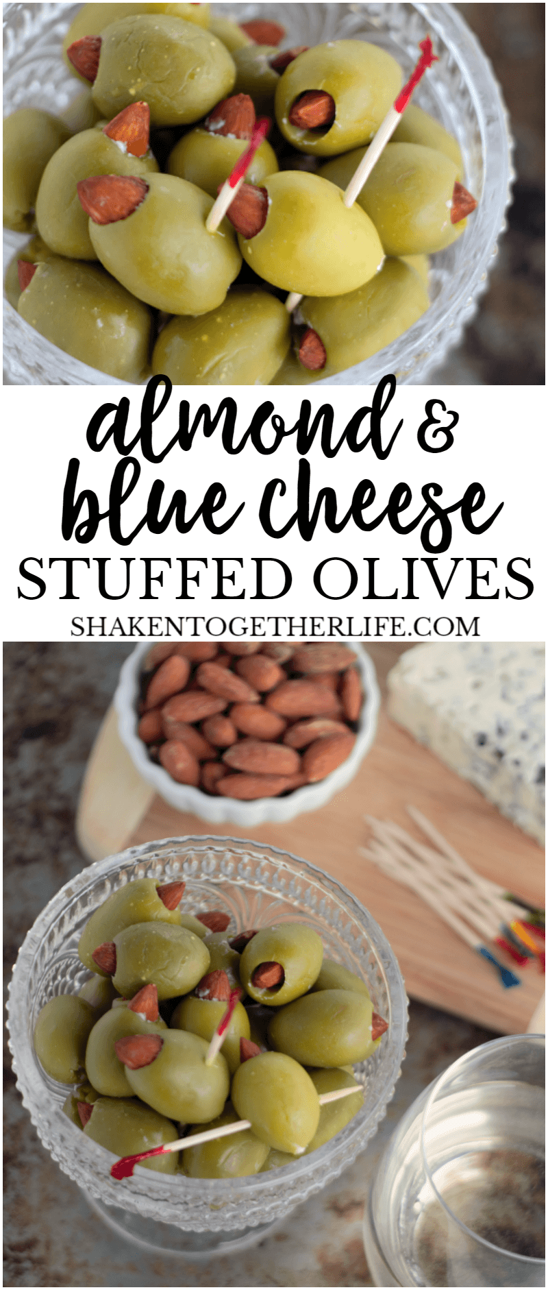 Almond & Blue Cheese Stuffed Olives are totally addictive! Easy appetizer for a cheese board or your game day spread!