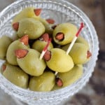 Almond & Blue Cheese Stuffed Olives are totally addictive! Easy appetizer for a cheese board or your game day spread!