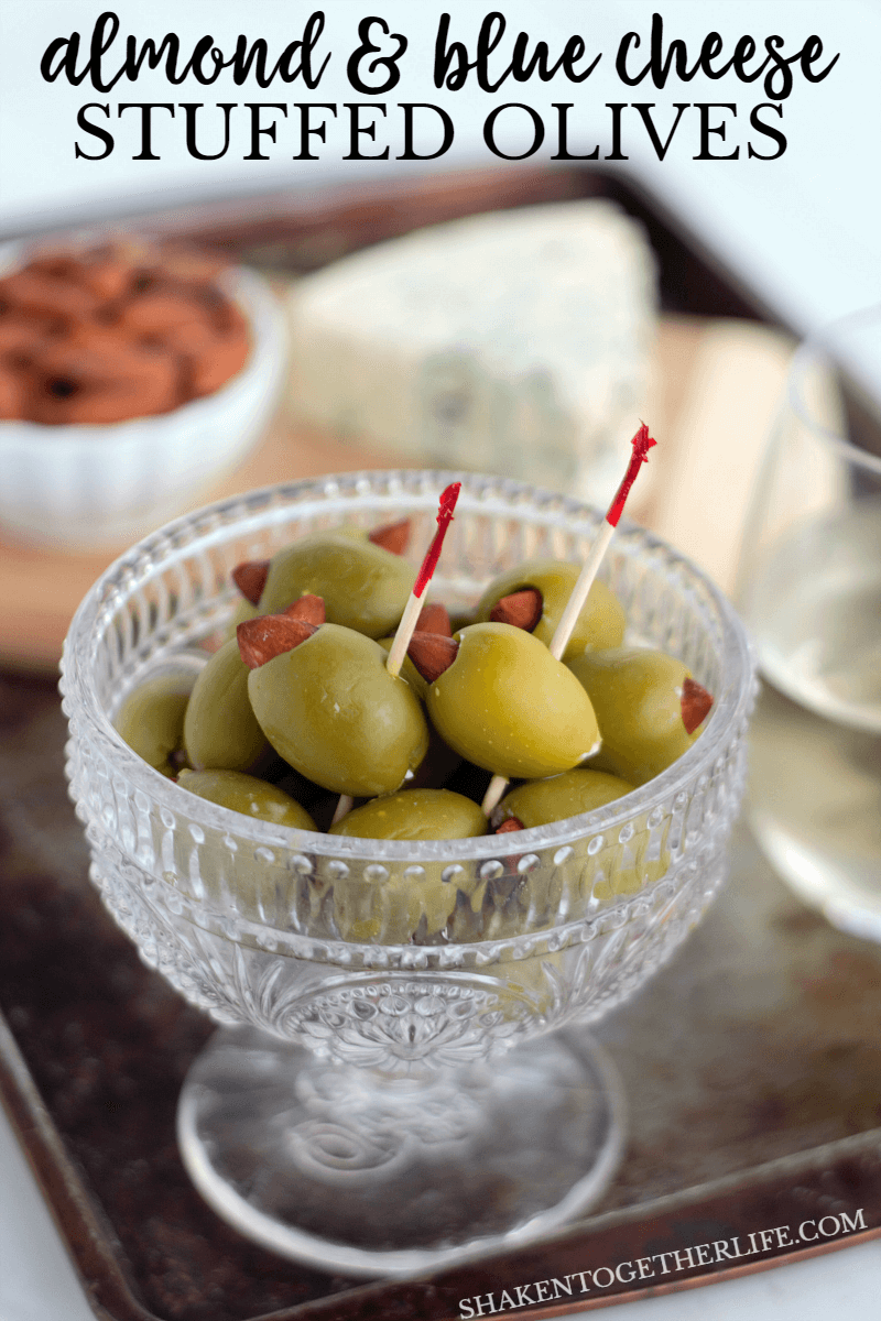 Almond & Blue Cheese Stuffed Olives are the perfect easy appetizer! Totally addictive and just the right combo of salty, crunchy and a little funk from the blue cheese!