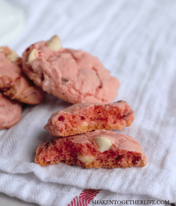 Double Strawberry White Chocolate Chip Cookies start with a cake mix and get a boost of strawberry flavor from a surprising ingredient!