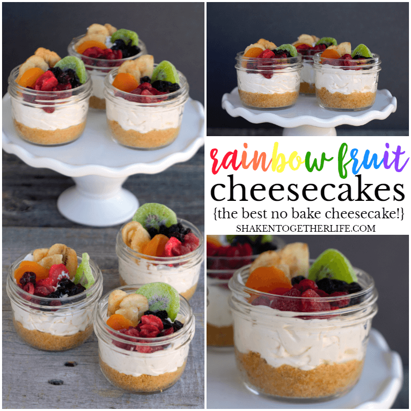 Rainbow Fruit Cheesecakes in a Jar - this colorful, no bake dessert is just so pretty!