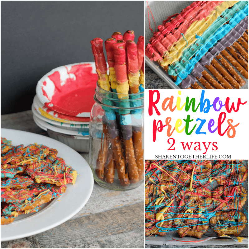 Howto make Rainbow Pretzels 2 ways! Rainbow striped pretzel sticks and rainbow splatter pretzel chips are brightly colored and totally delicious!