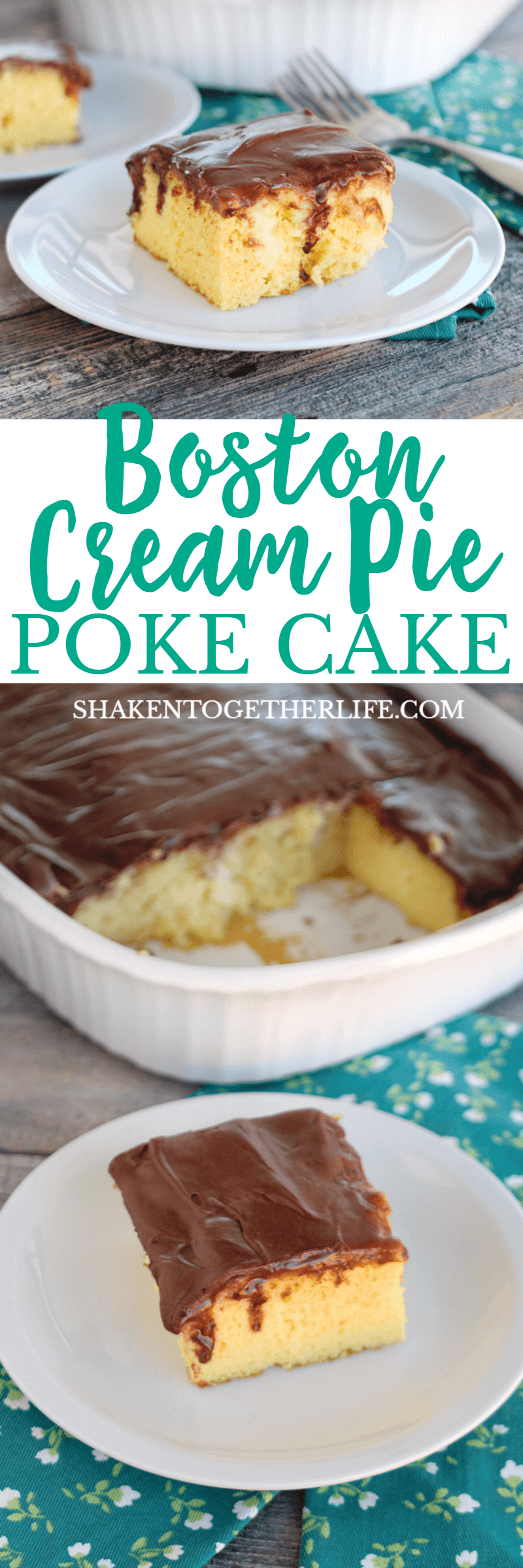 Boston Cream Pie Poke Cake is an easy twist on a classic dessert! You will love the yellow cake, filled with pockets of vanilla pudding topped with a smooth chocolate frosting!