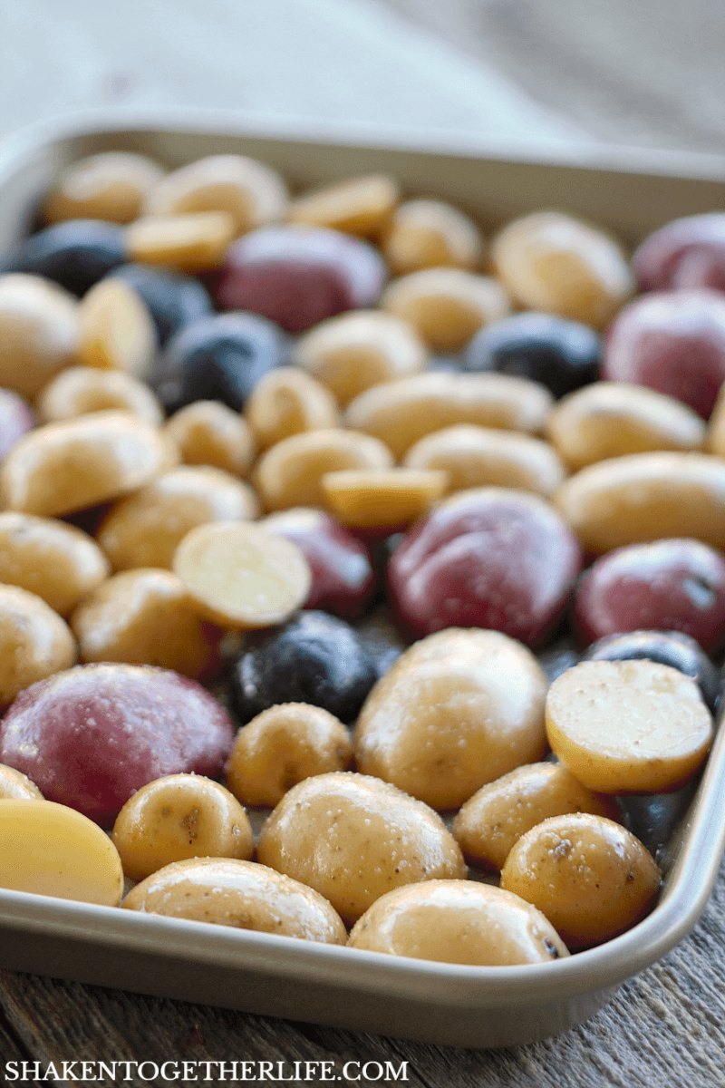 Crispy Roasted Gemstone Potatoes on a baking sheet
