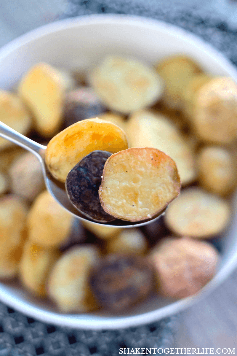 Crispy Roasted Gemstone Potatoes on spoon