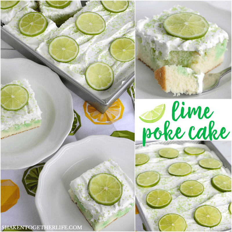 Lime Poke Cake is a new family favorite! The combo of sweet white cake, tangy lime Jell-O and fluffy whipped topping is a crowd pleaser!