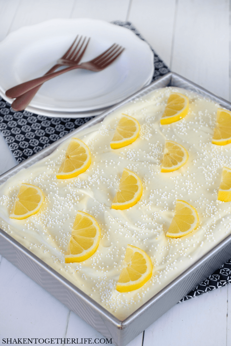 Triple Lemon Poke Cake in pan