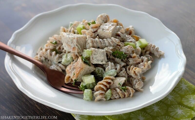 Once you make this, you will agree that this is the BEST Creamy Chicken Pasta Salad! Tender chicken, crunchy celery and a flavor packed dressing are the stars of this easy pasta salad recipe!