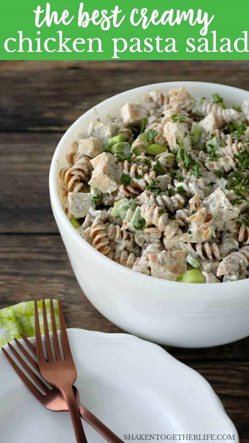 This is the BEST Creamy Chicken Pasta Salad! It is loaded with tender chicken, crunchy celery and a flavor packed dressing with ranch, dill and garlic!