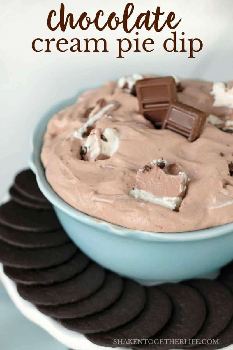 Chocolate Cream Pie Dip has pieces of Edwards Hershey Crème Pie stirred right into a cool, creamy chocolate dessert dip!