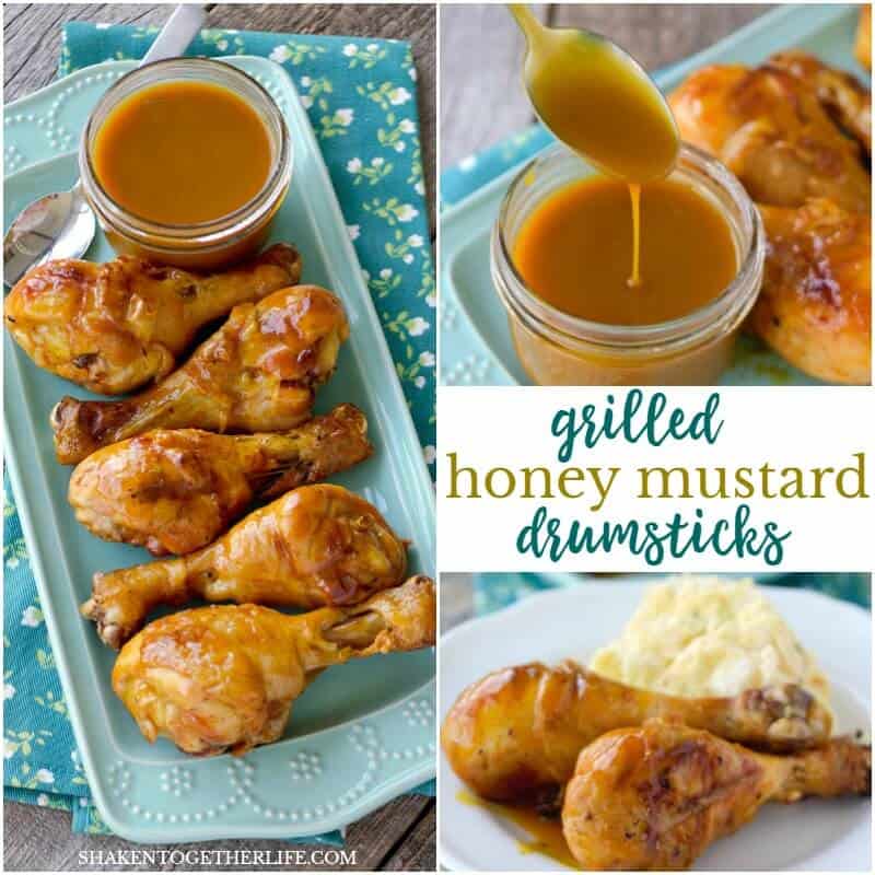 These Grilled Honey Mustard Drumsticks get their glorious sticky glaze from an easy 3 ingredient homemade honey mustard sauce!