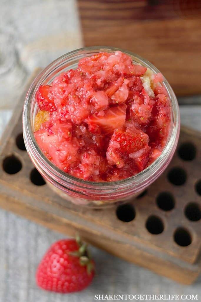 Cornbread Strawberry Shortcake in mini mason jar