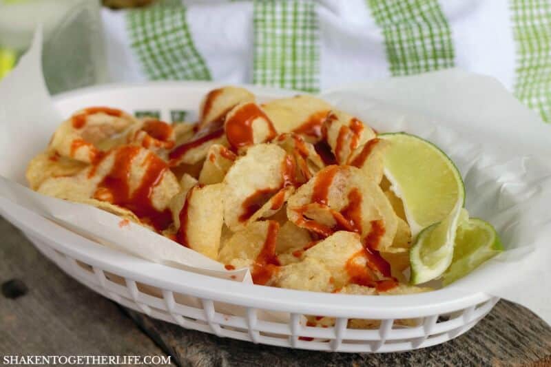 Mexican Street Chips with Hot Sauce & Lime in plastic basket