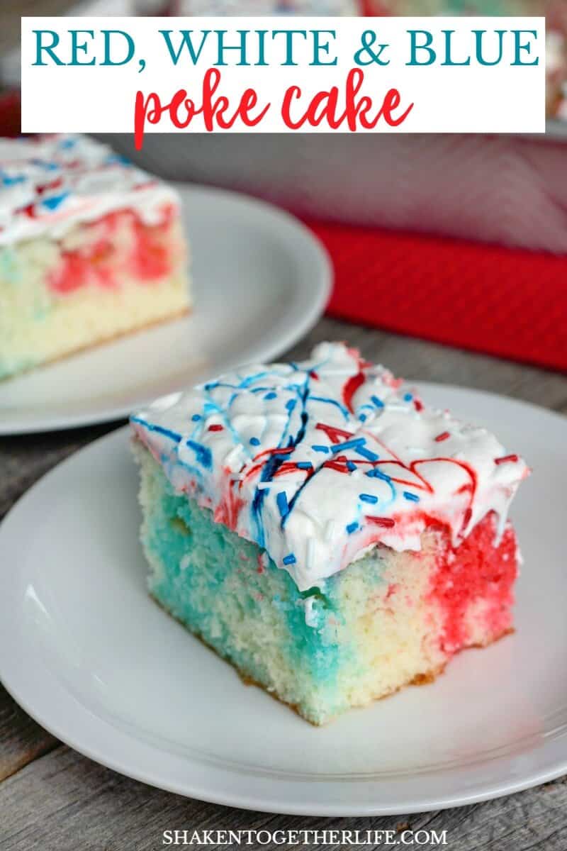 Red, White & Blue Poke Cake! This easy patriotic dessert take a white cake from boring to BOOM with the addition of red and blue Jello! Add swirls of color and sprinkles for an easy, festive 4th of July cake!