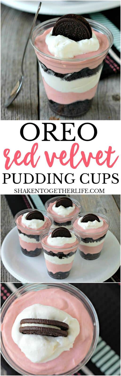 Glorious layers of red velvet pudding mousse, crushed Oreos are whipped cream make up this easy, no bake dessert! You are going to LOVE these Red Velvet Pudding Cups!