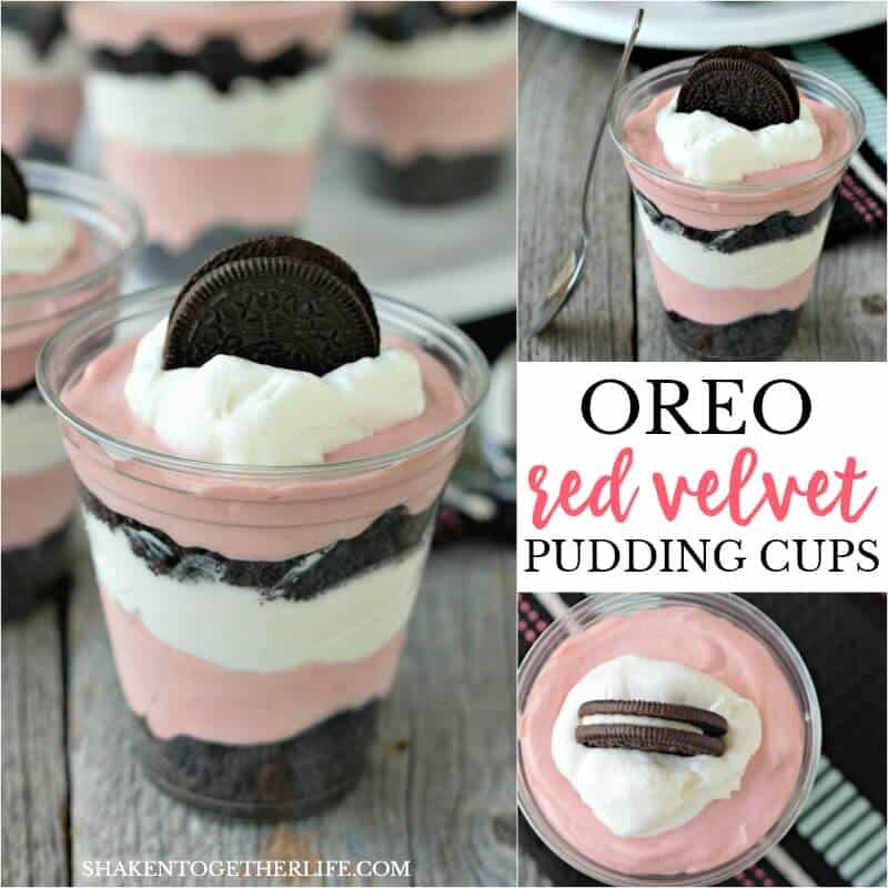 Glorious layers of red velvet pudding mousse, crushed Oreos are whipped cream make up this easy, no bake dessert! You are going to LOVE these Red Velvet Pudding Cups!