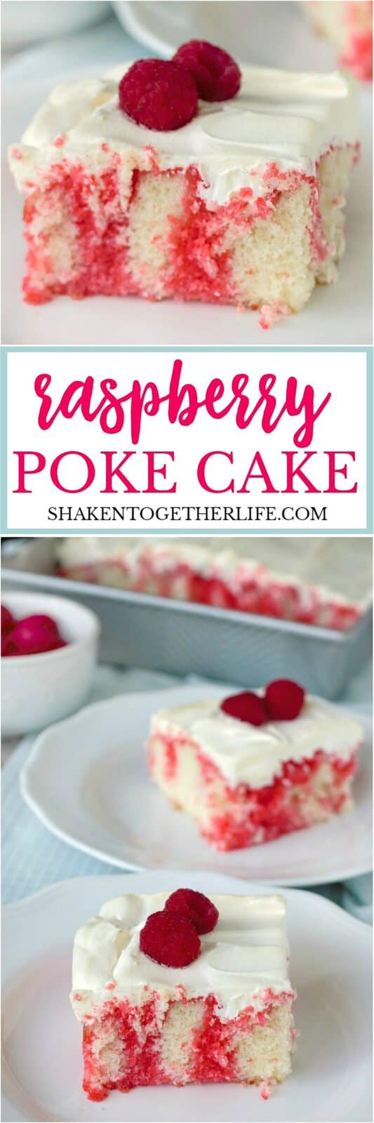 Raspberry Poke Cake is a soft white cake drenched in raspberry Jell-o, topped with whipped topping and then fresh raspberries. It is sweet and tangy, fruity and fabulous!