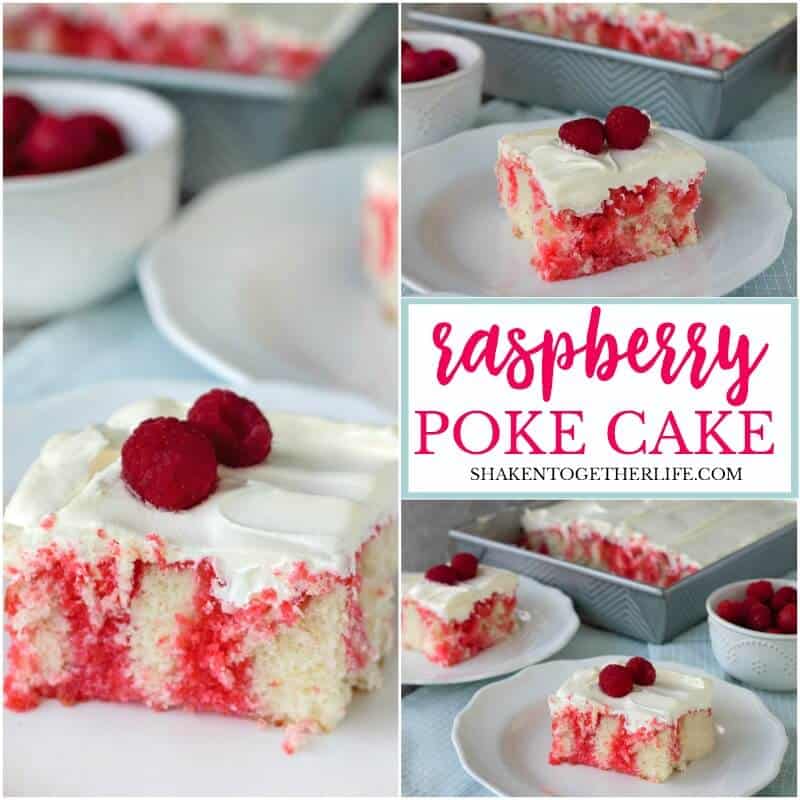 Soft white cake is drenched in raspberry Jell-O then topped with fluffy whipped cream and fresh raspberries - this super simple Raspberry Poke Cake is definitely a dreamy dessert!