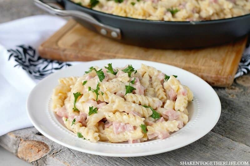 Creamy and cheesy, this Skillet Ham & Cheese Alfredo is the ultimate easy dinner recipe!