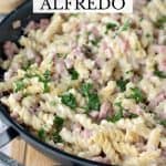 Skillet Ham & Cheese Alfredo goes from stove top to table top in minutes! With just one skillet and a few ingredients, this easy meal will be a weeknight life saver!