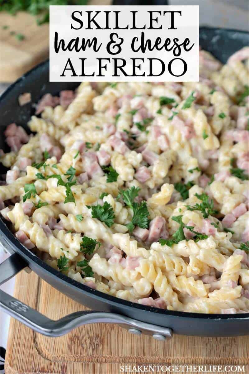 Skillet Ham & Cheese Alfredo goes from stove top to table top in minutes! With just one skillet and a few ingredients, this easy meal will be a weeknight life saver!