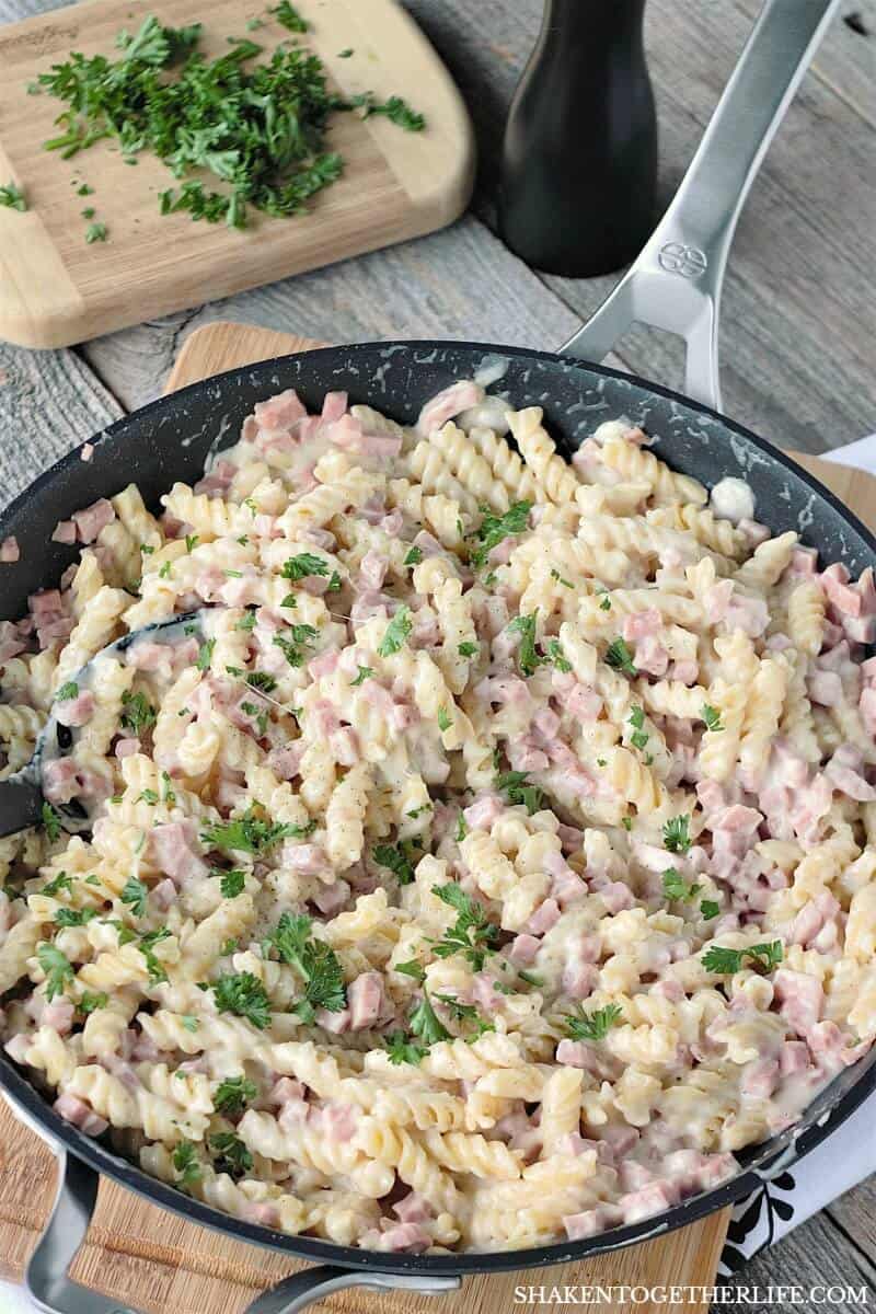 With just a few basic ingredients from your kitchen, this Skillet Ham & Cheese Alfredo comes together quickly! Who can resist pasta and cheese?!