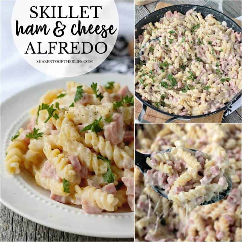 Skillet Ham & Cheese Alfredo goes from stove top to table top in minutes! With just one skillet and a few ingredients, this easy meal will be a weeknight life saver!